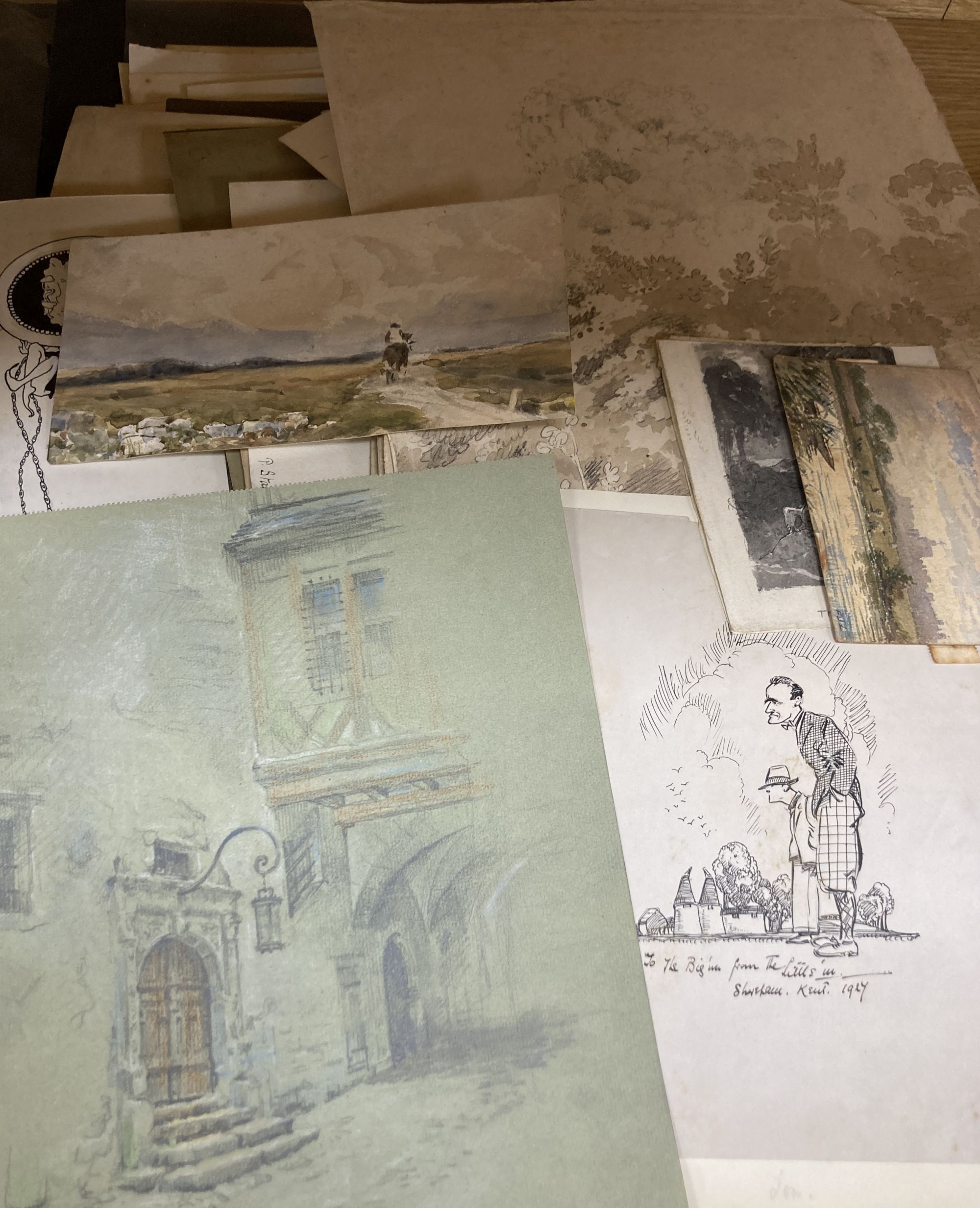 A folio of 19th century and later watercolours and drawings including landscape studies, a sketch of figures attributed to Thomas Tudor